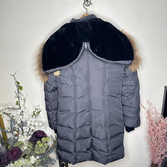 MACKAGE Shailene Down Jacket Slate Blue Racoon Fur Hood Sz M $1450 - Picture 4 of 12